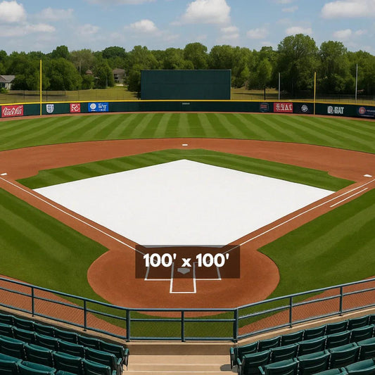 100' x 100' baseball field cover tarp protecting the infield during outdoor weather conditions