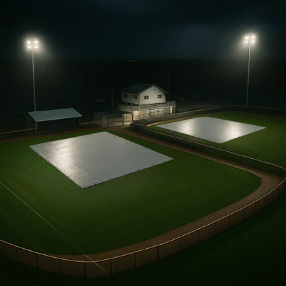 100' x 100' field tarp covering a baseball diamond under stadium lighting conditions