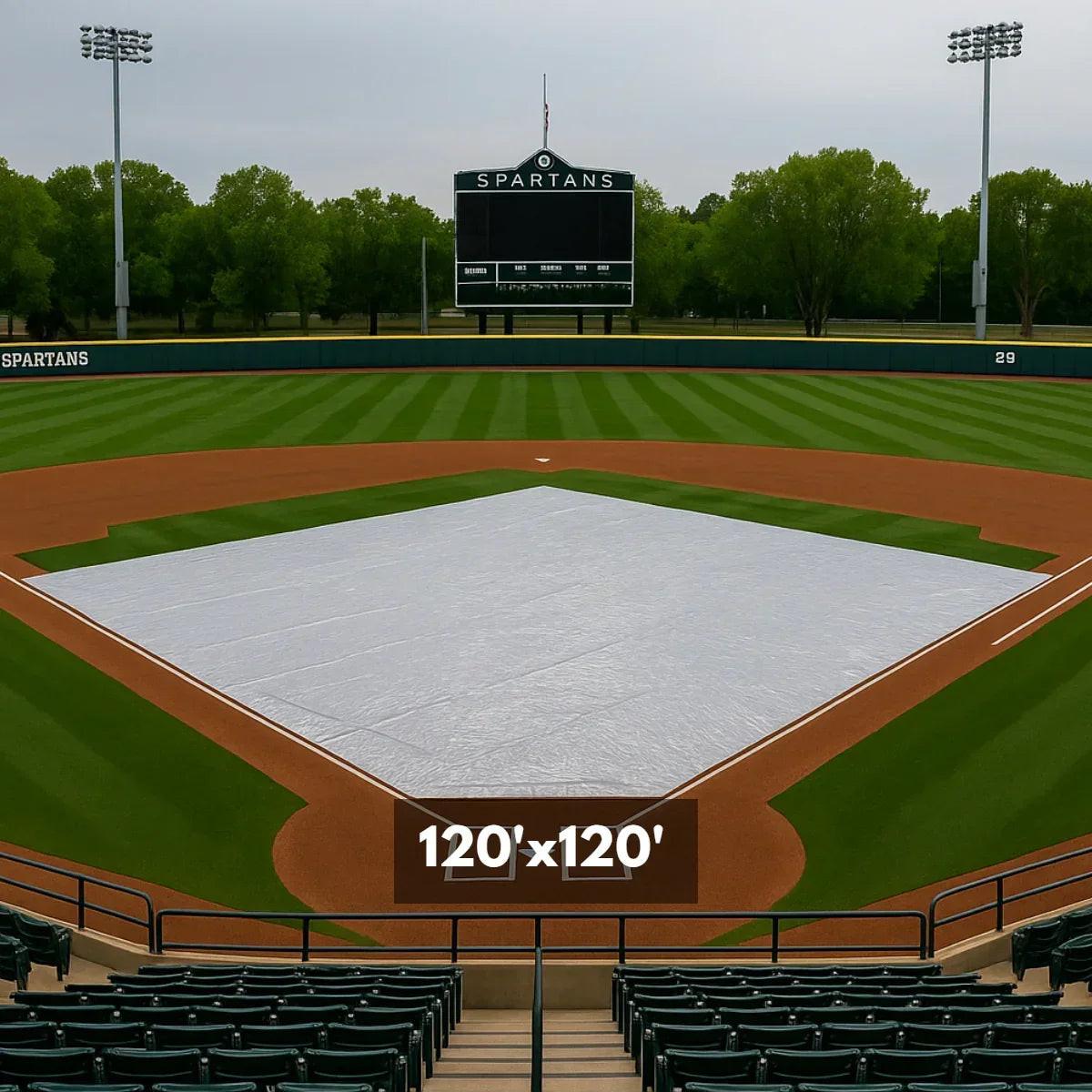 120' x 120' baseball field cover tarp designed for full infield weather protection