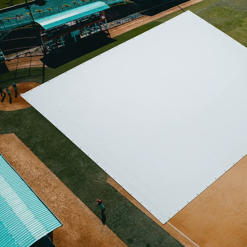 overhead view of 120' x 120' baseball tarp covering a professional infield surface