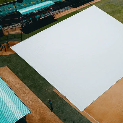 overhead view of 120' x 120' baseball tarp covering a professional infield surface