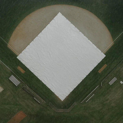 overhead view of 150' x 150' baseball tarp covering a professional infield surface