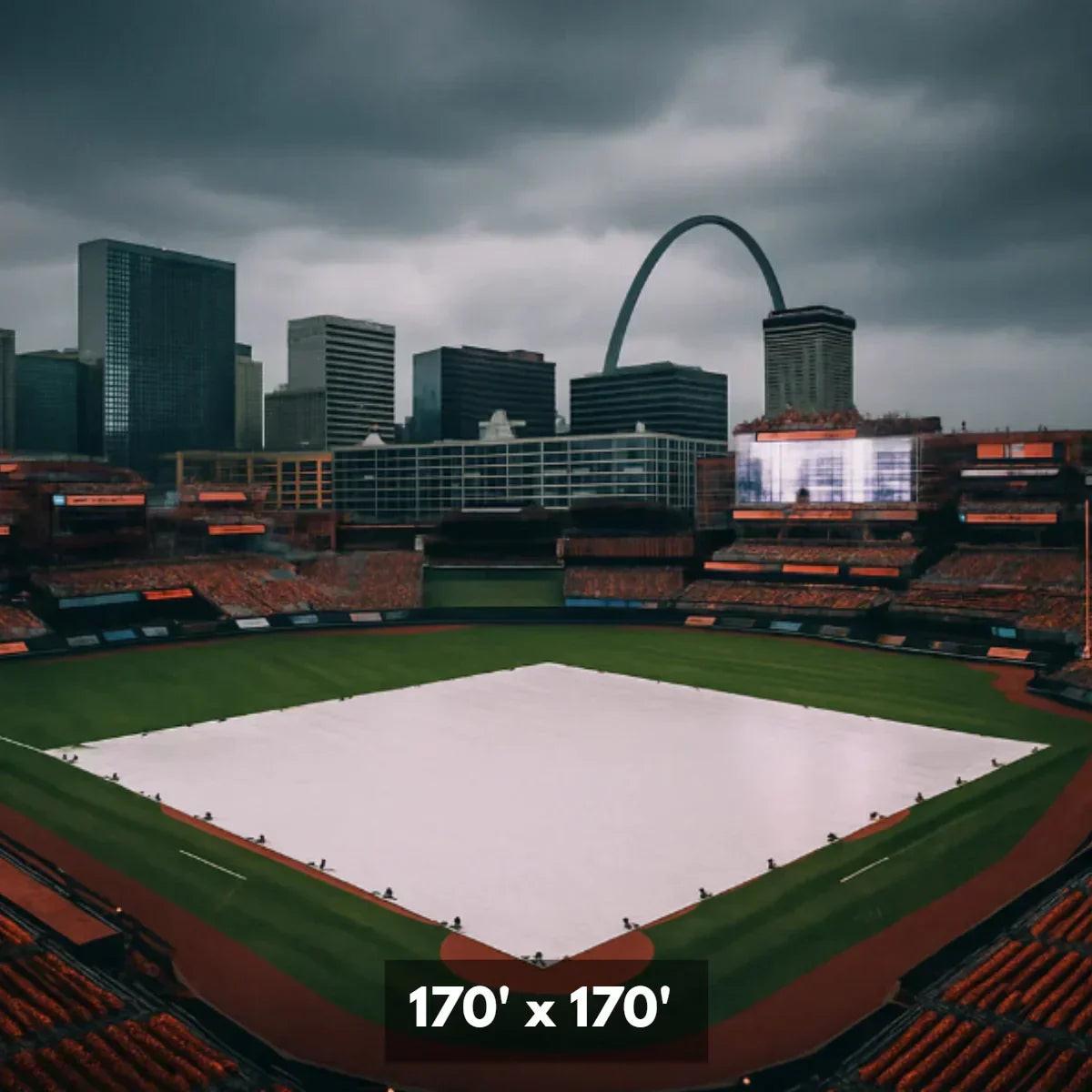 170' x 170' baseball field cover tarp providing large scale infield weather protection