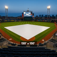 Empty stadium with a white tarp over the field on a cloudy day