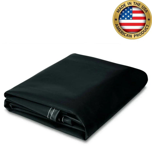 Black 8' x 10' 10oz vinyl tarp providing weather resistant coverage