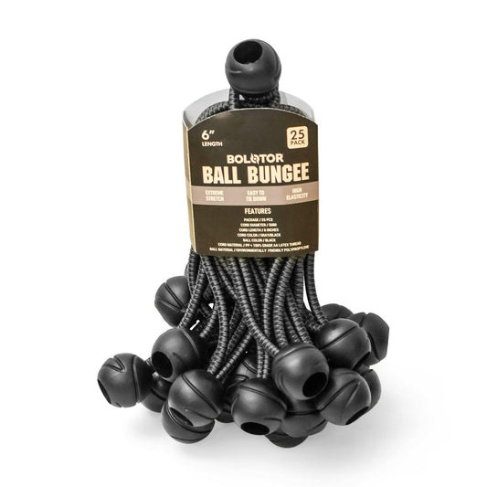 Black 6" Bolotor ball bungees arranged in a retail display pack