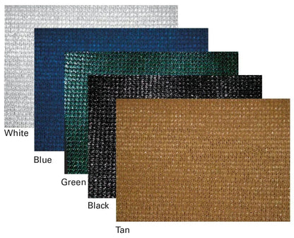 Black 20' x 30' 86% super shade mesh tarp shown with color sample board