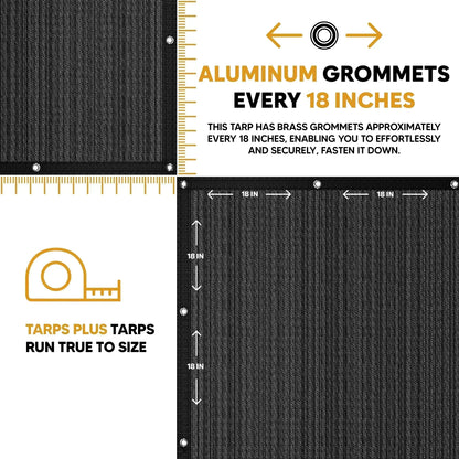 Black 10' x 20' mesh tarp showing reinforced edge grommet placement
