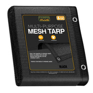 Black 8' x 16' mesh tarp folded for lightweight debris control coverage