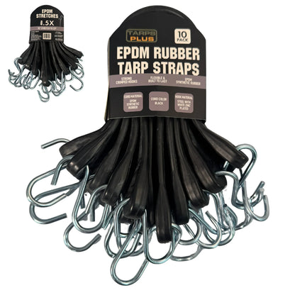 Black 15" rubber tarp strap featuring commercial hooked strap design