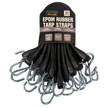 Black 15" rubber tarp strap bundled in a multi pack fastener set