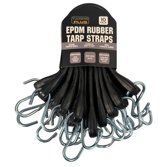 Black 15" rubber tarp strap bundled in a multi pack fastener set