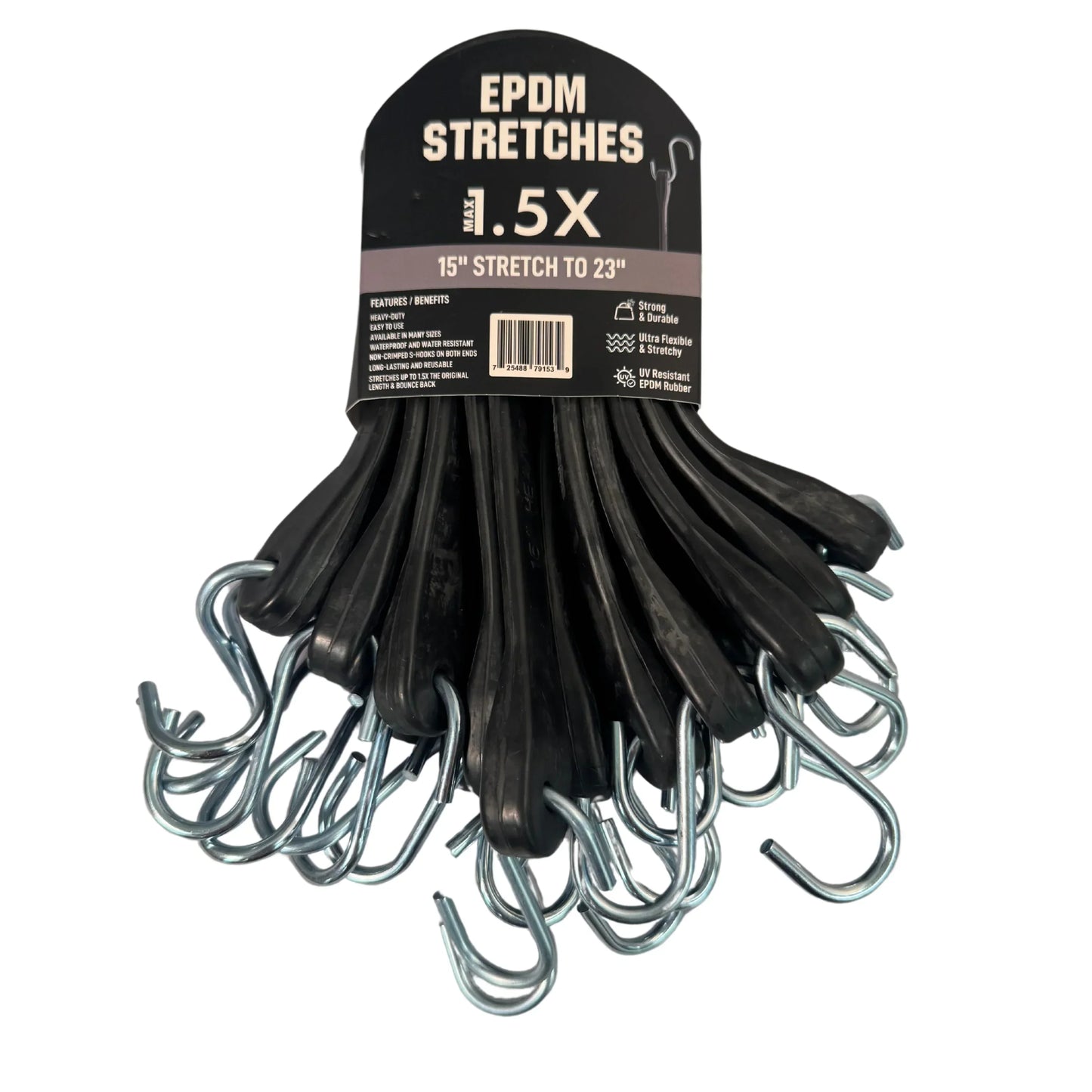 Black 15" rubber tarp strap arranged as a securement bundle