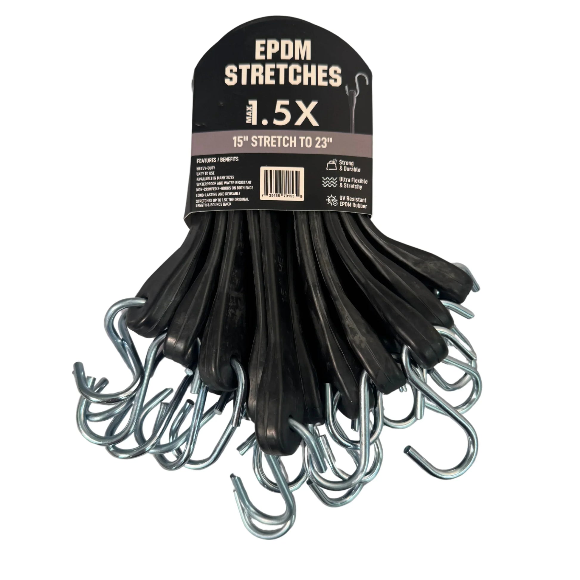 Black 15" rubber tarp strap arranged as a securement bundle