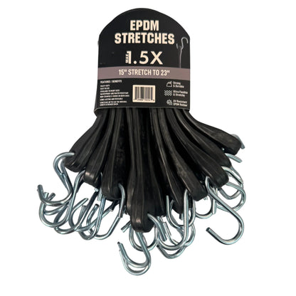 Black 15" rubber tarp strap arranged as a securement bundle