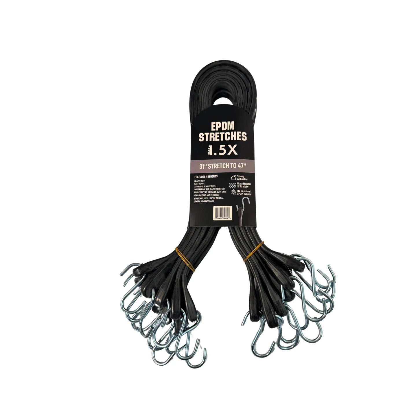 Black 41" rubber tarp strap bundled for cargo retention purposes