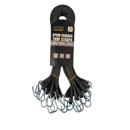 Black 41" rubber tarp strap included in an industrial fastening kit