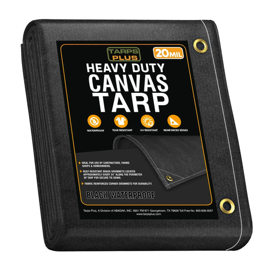 Black 5' x 7' waterproof canvas tarp folded for durable outdoor rain protection