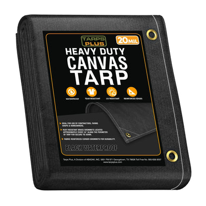Black 6' x 10' waterproof canvas tarp folded for practical outdoor worksite coverage
