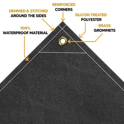 Black 6' x 10' waterproof canvas tarp with reinforced corners and durable fabric weave