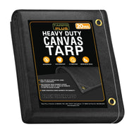 Black 8' x 10' waterproof canvas tarp folded for compact outdoor storage coverage