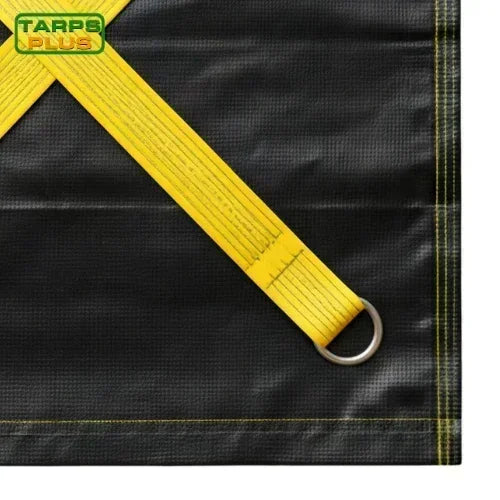 Black with yellow cargo webbing roofers tear off tarp 10' x 10' featuring a high strength webbing edge
