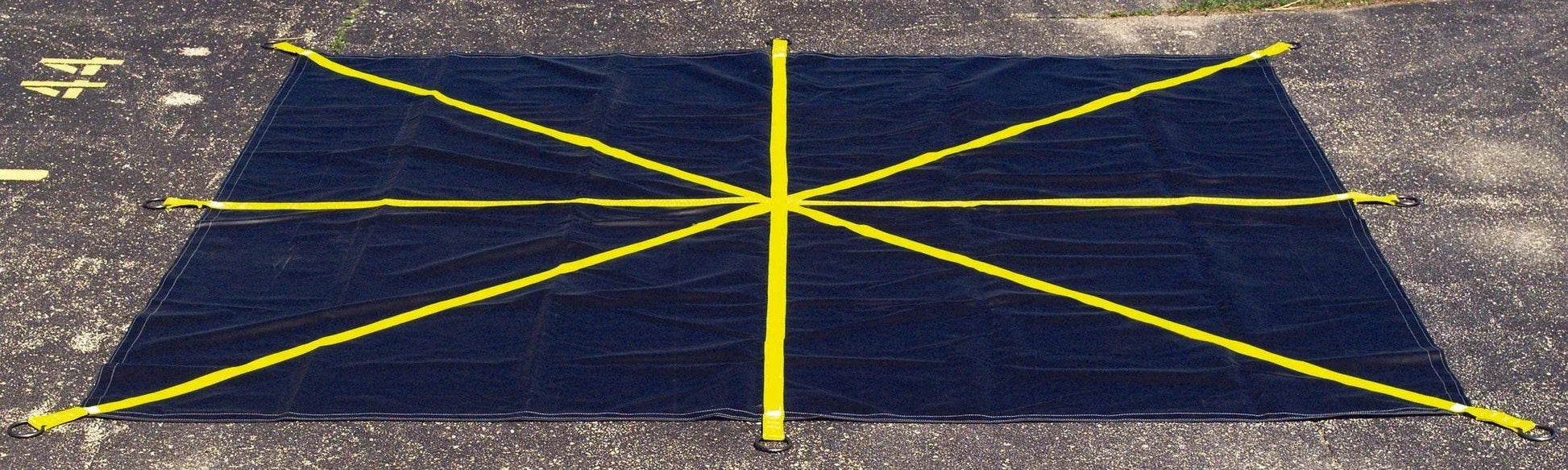 Black with yellow cargo webbing roofers tear off tarp 12' x 12' displaying a load transfer framework