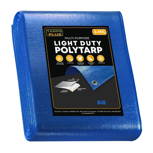 Blue 10' x 30' jobsite tarp designed for large scale coverage and outdoor material protection