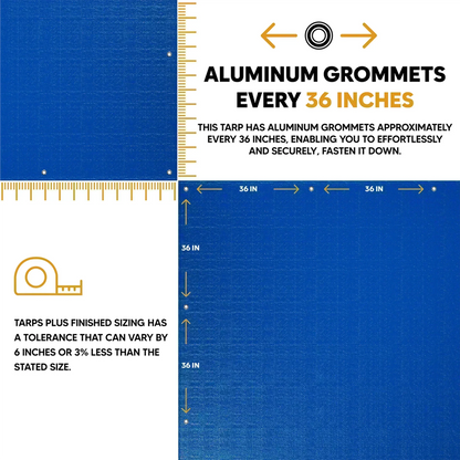 30' x 60' Blue Poly Tarps shown with product packaging and specifications