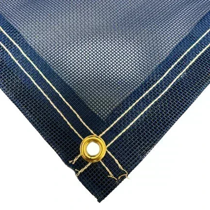 Blue 20' x 20' vinyl mesh tarp featuring industrial corner support and brass grommet