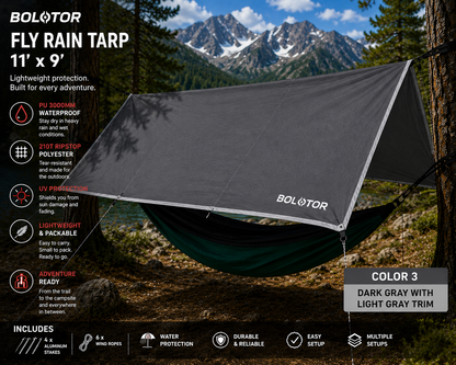 BOLOTOR dark gray 11' x 9' waterproof fly rain tarp set up over a hammock as a lightweight camping and backpacking shelter
