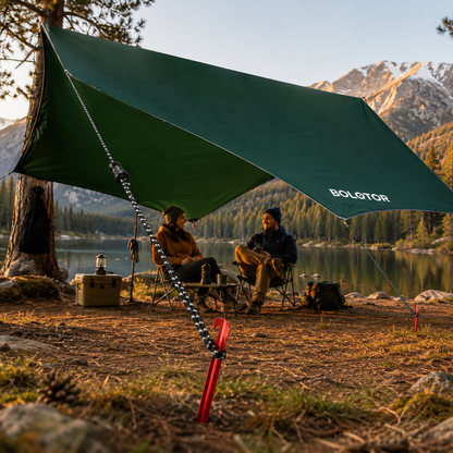 BOLOTOR green waterproof fly rain tarp providing shade and shelter at a lakeside campsite