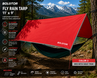 BOLOTOR red 11' x 9' waterproof fly rain tarp set up over a hammock as a high-visibility camping shelter
