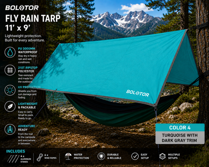 BOLOTOR turquoise 11' x 9' waterproof fly rain tarp set up over a hammock as a lightweight camping shelter