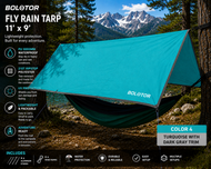 BOLOTOR turquoise 11' x 9' waterproof fly rain tarp set up over a hammock as a lightweight camping shelter
