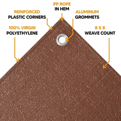 Reinforced edge system on brown 30' x 30' polyethylene tarps with durable fastening support