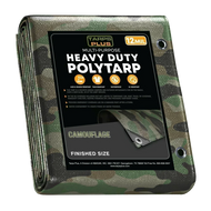 Camouflage 10' x 10' weather tarp designed for outdoor protection and utility coverage
