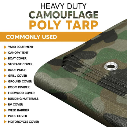 Camouflage 10' x 10' tarp suitable for camp ground coverage and outdoor concealment use