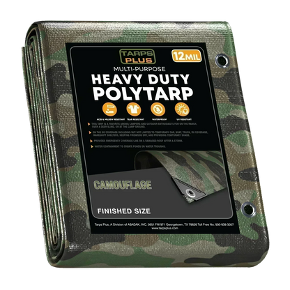 camouflage 20' x 20' poly tarp covering square area in wilderness