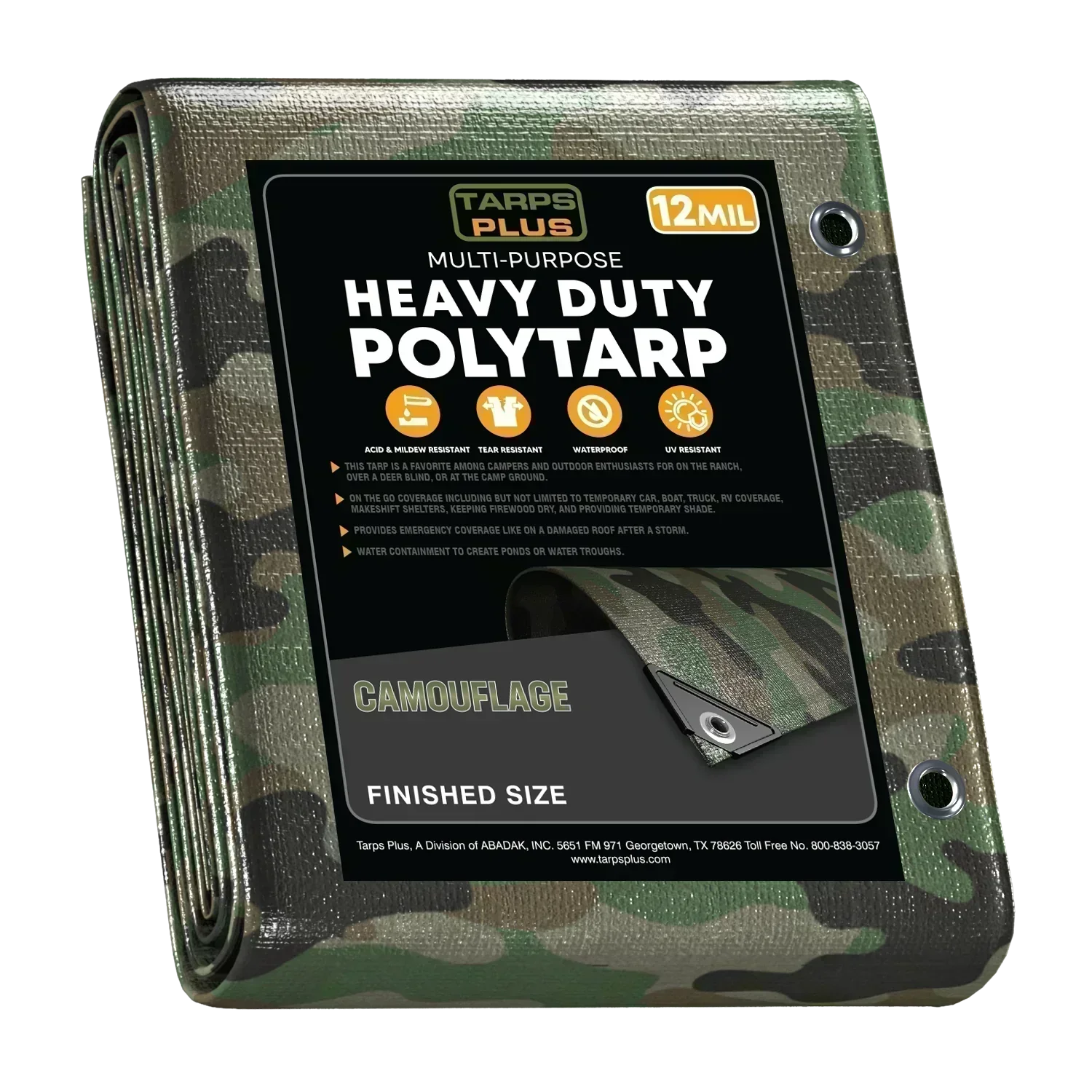 camouflage 30' x 40' poly tarp shielding large outdoor storage area