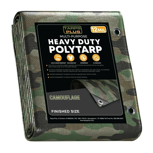 Camouflage 8' x 10' woodland tarps designed for outdoor coverage and concealment protection