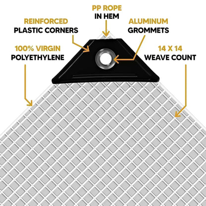 Clear 16' x 20' tarps featuring reinforced fastening detail and durable anchor support
