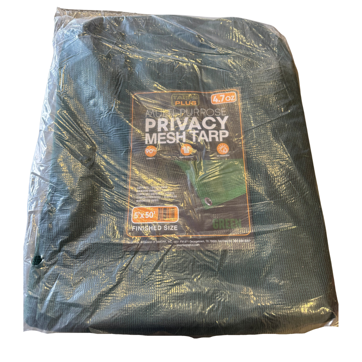 Closeout 60% green mesh tarp 8' x 50' displayed as a compact storage bundle