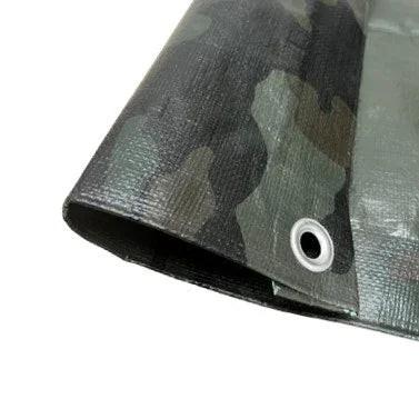 Closeout camouflage poly tarp 6' x 8' featuring corner reinforcement with metal grommet fastening