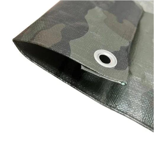 Closeout camouflage poly tarp 6' x 8' designed as an outdoor concealment cover with reinforced perimeter construction