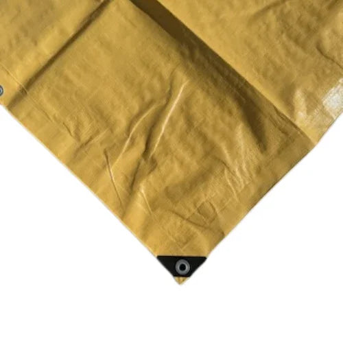 Closeout gold poly tarp 5' x 7' featuring a reinforced corner panel with secure fastening point
