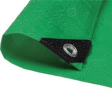 Closeout green poly tarp 8' x 10' displaying a reinforced edge fastening point for secure tie downs