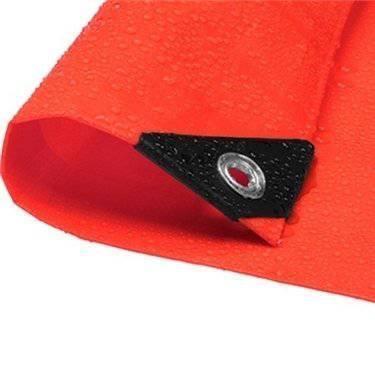 Closeout red poly tarp 6' x 8' featuring a high visibility corner detail with reinforced grommet attachment