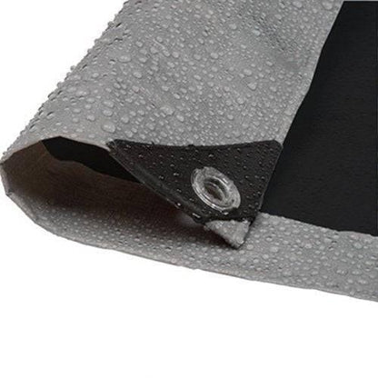 Closeout silver/black poly tarp 40' x 40' featuring rugged corner support with reinforced attachment point