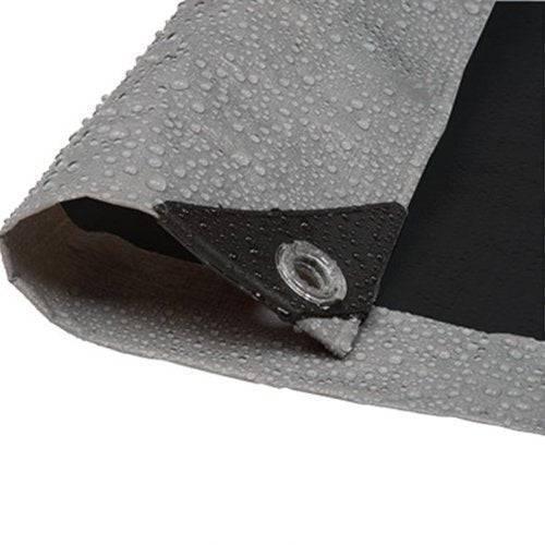 Closeout silver/black poly tarp 40' x 40' featuring rugged corner support with reinforced attachment point